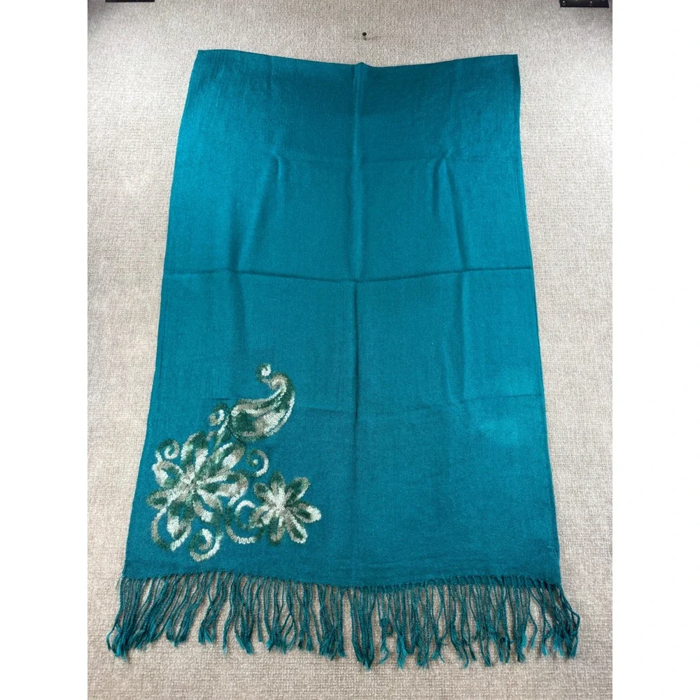 Coldwater Creek Teal Blue Floral Paisley Needle Felted Wrap Scarf Fringe Trim